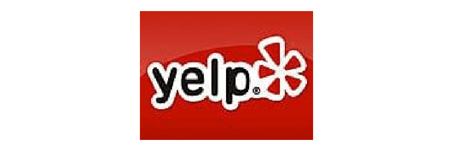 Yelp logo featuring a red background and a white text with a floral symbol.
