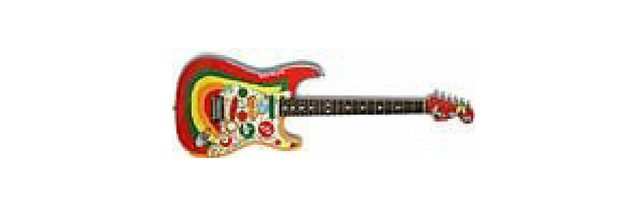 Brightly colored electric guitar with playful designs and patterns.