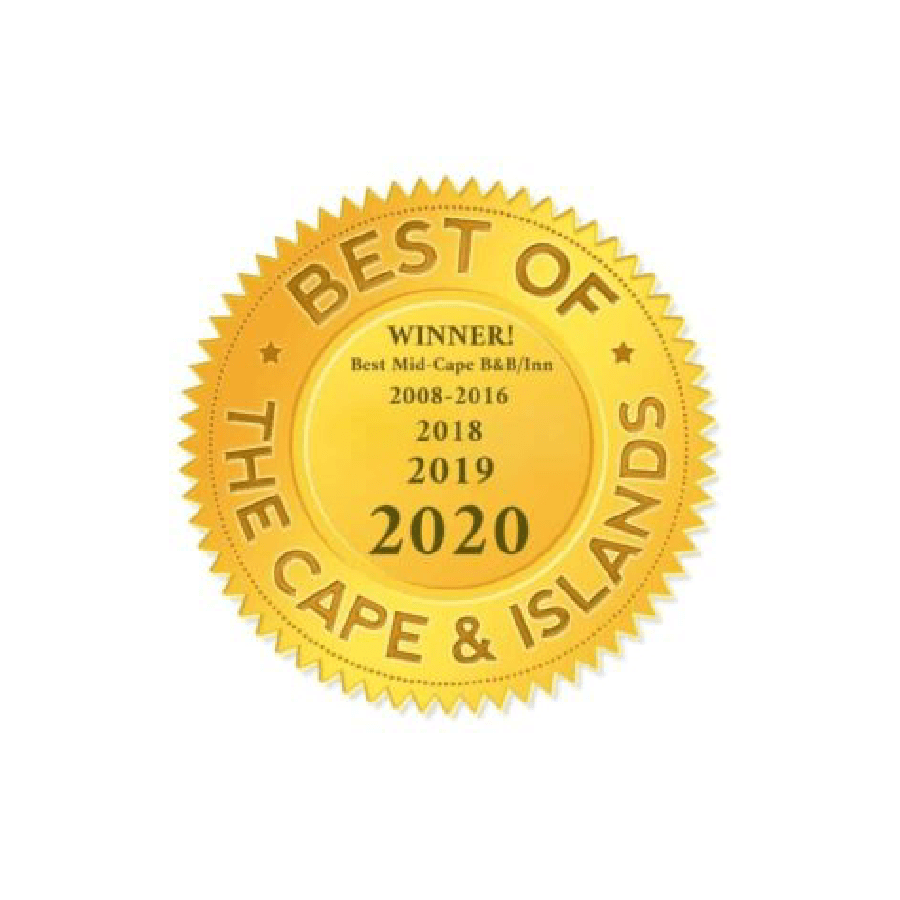 Gold award medallion highlighting the "Best Mid-Cape B&B/Inn" winner from 2008-2016 and 2018-2020.