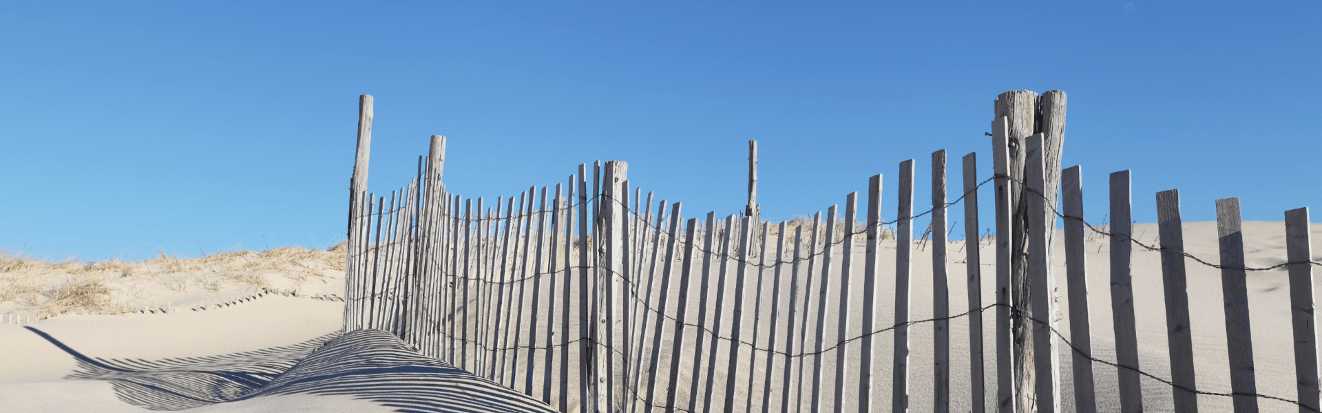 A wooden fence stretches across sandy dunes under a clear blue sky.