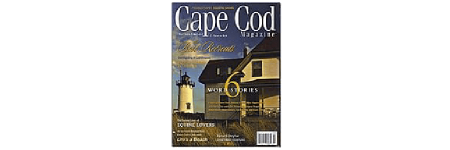 Cover of Cape Cod Magazine featuring a lighthouse and a house, with the headline "6 Winter Stories."