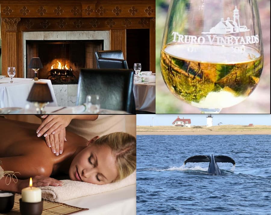 A collage featuring a cozy restaurant with a fireplace, a wine glass from Truro Vineyards, a woman receiving a massage, and a whale tail emerging from the water.