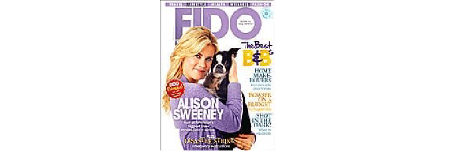 Magazine cover featuring Alison Sweeney holding a dog, with "FIDO" prominently displayed at the top.