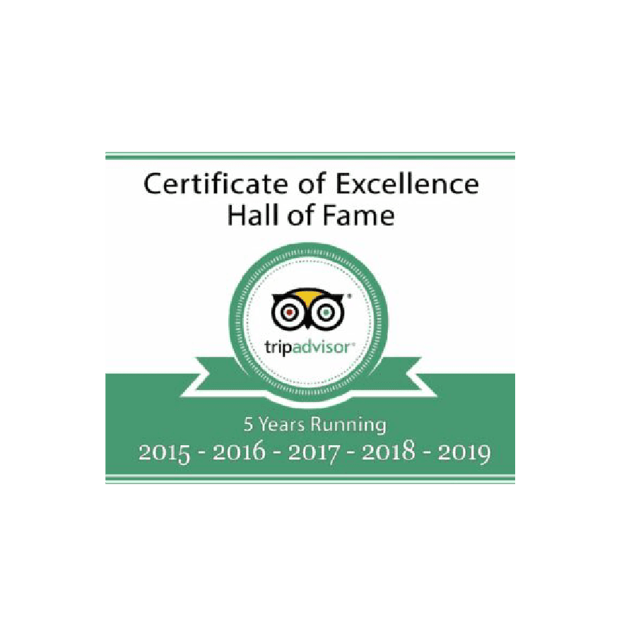 Tripadvisor Certificate of Excellence Hall of Fame, recognizing five consecutive years of excellence from 2015 to 2019.