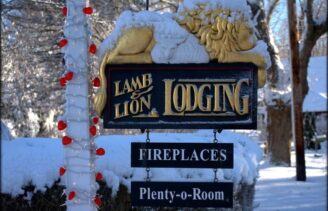 Inn lamb and Lion sign in winter
