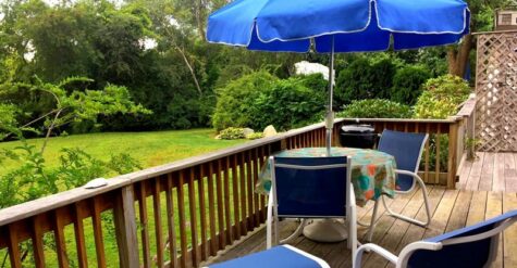 blue chairs and umbrella on the deck overlooking the back yard