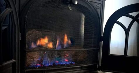 The fireplace is turned on